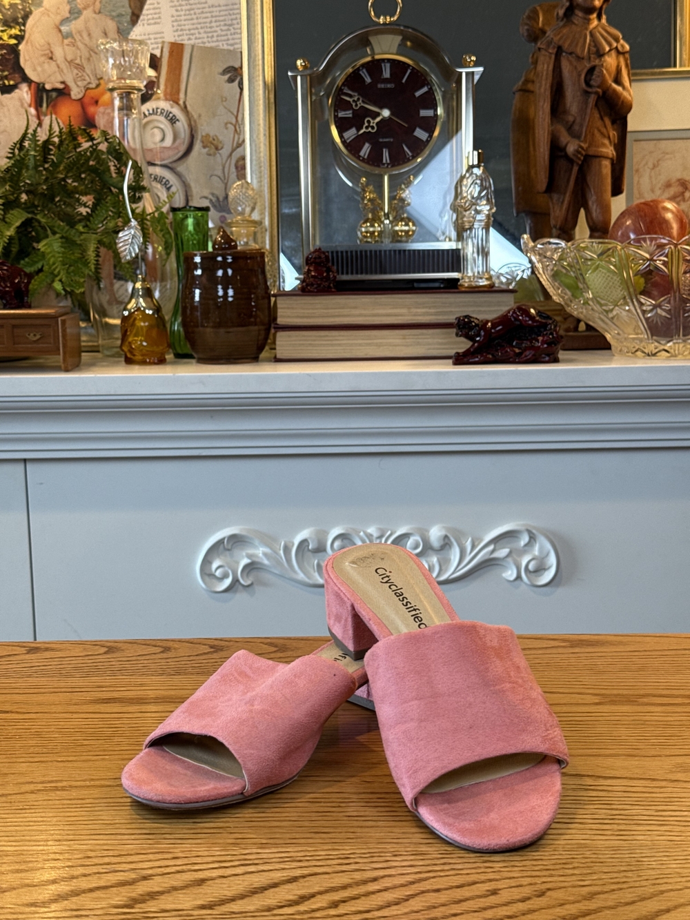 City Classified Pink Faux Suede Chunky Block Heel Mule Sandals Size 5.5